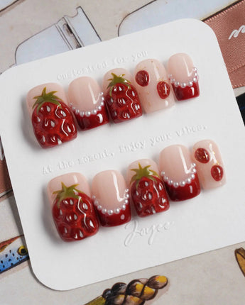 Berry me hand-sculpted strawberry nails with glossy cherry red and pearl accents