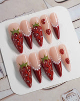 Berry me hand-painted strawberry nails with soft nude accents and high-gloss finish