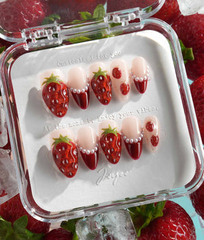Berry me handmade press-on nails featuring Rich Strawberry Red, 3D Strawberries & Pearls.