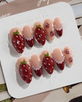 Berry me short almond strawberry nails with juicy red 3D fruit details
