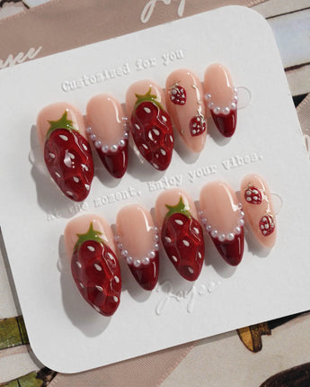 Berry me short almond strawberry nails with juicy red 3D fruit details