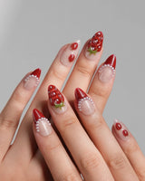 Berry me short almond nails with juicy 3D strawberries and glossy red tips