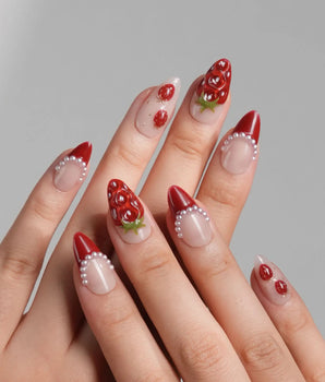Berry me short almond nails with juicy 3D strawberries and glossy red tips