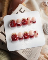 Berry me extra short coffin nails with glossy strawberry red fruit art and pearls