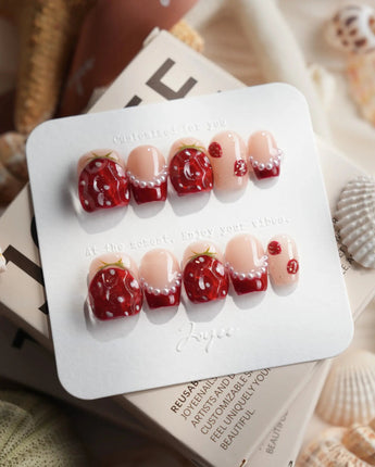 Berry me extra short coffin nails with glossy strawberry red fruit art and pearls