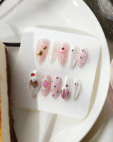 Berry Pudding handmade patisserie nail art with melting drips and strawberry charms