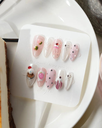 Berry Pudding handmade patisserie nail art with melting drips and strawberry charms