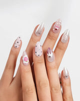 Berry Pudding glossy pink dessert nails with silver shimmer and sculpted sweets