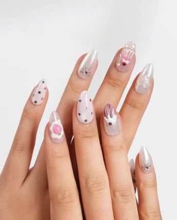 Berry Pudding glossy pink dessert nails with silver shimmer and sculpted sweets