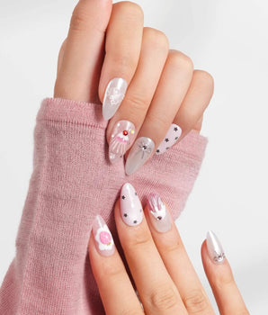 Berry Pudding dessert press-on nails with ice cream scoops, stars, and chrome bows