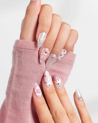 Berry Pudding dessert press-on nails with ice cream scoops, stars, and chrome bows
