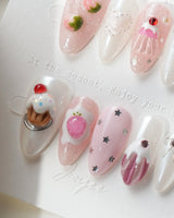 Berry Pudding short almond nails with 3D cupcakes, strawberries, and pink silver shimmer