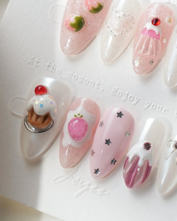 Berry Pudding short almond nails with 3D cupcakes, strawberries, and pink silver shimmer