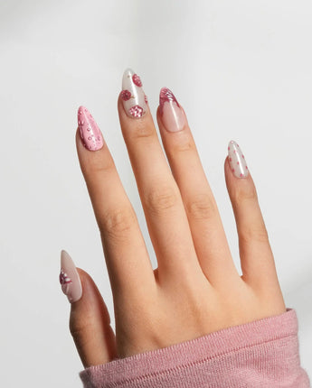 Berry Tart glossy raspberry nails with pearl accents and powdered sugar-like pink dots