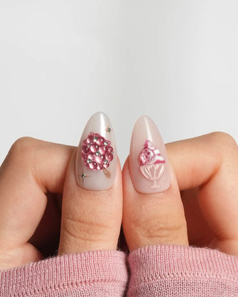 Berry Tart custom press-on nails with soft rose gradient and 3D berry charms