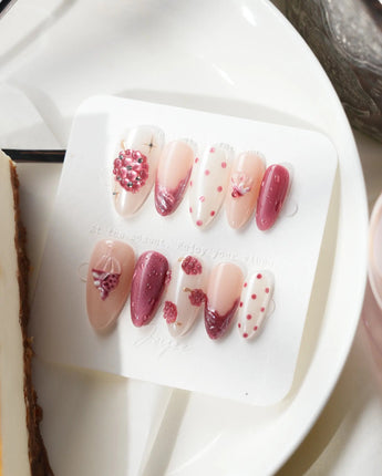 Berry Tart handmade patisserie nail art with crystal sugar and glossy syrupy finish