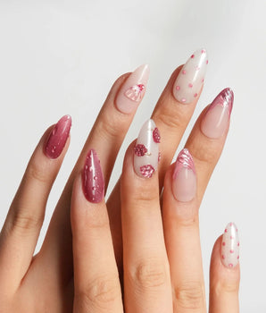 Berry Tart raspberry dessert press-on nails with nude-to-rose gradient and pink dots