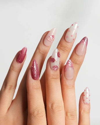 Berry Tart raspberry dessert press-on nails with nude-to-rose gradient and pink dots