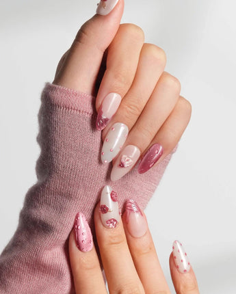 Berry Tart dessert nail set with tiny pink water drops and hand-placed crystals