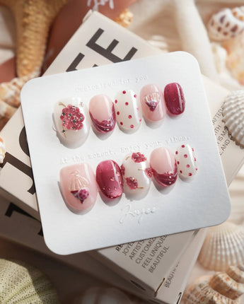 Berry Tart raspberry dessert press-on nails in extra short oval shape