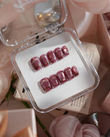 Berry Tweed handmade press-on nails featuring Grape Purple Red, Vintage Plaid, Silver Glitter Lines & Cat-eye Shimmer.