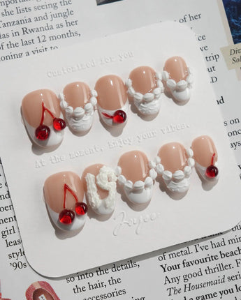 Birthday Cake press-on nails — Vintage Cherry Cream, 3D Embossed Textures & Jelly Cherries. handmade nail art by Joyee Nails