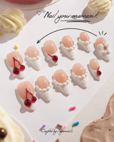 Birthday Cake handmade press-on nails featuring Vintage Cherry Cream, 3D Embossed Textures & Jelly Cherries.
