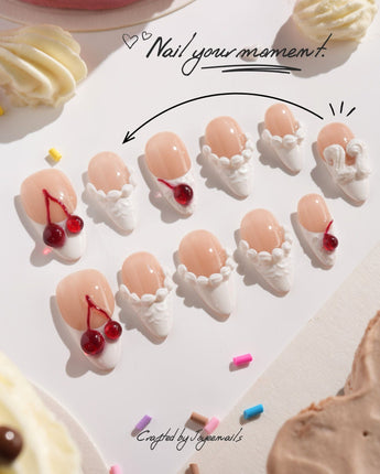 Birthday Cake handmade press-on nails featuring Vintage Cherry Cream, 3D Embossed Textures & Jelly Cherries.