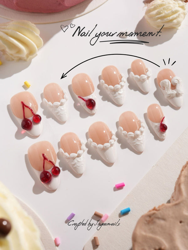 Birthday Cake handmade press-on nails featuring Vintage Cherry Cream, 3D Embossed Textures & Jelly Cherries.
