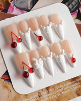 Birthday Cake press-on nails — Vintage Cherry Cream, 3D Embossed Textures & Jelly Cherries. handmade nail art by Joyee Nails