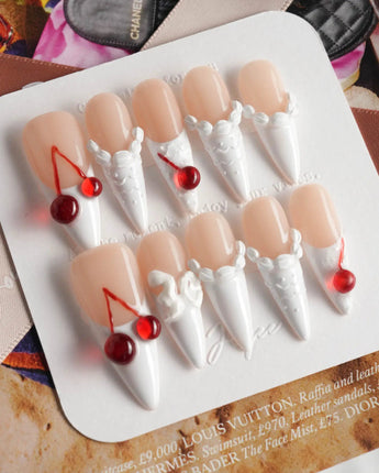 Birthday Cake press-on nails — Vintage Cherry Cream, 3D Embossed Textures & Jelly Cherries. handmade nail art by Joyee Nails