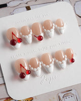 Birthday Cake press-on nails in extra short almond shape — Vintage Cherry Cream, 3D Embossed Textures & Jelly Cherries.