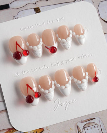 Birthday Cake press-on nails in extra short almond shape — Vintage Cherry Cream, 3D Embossed Textures & Jelly Cherries.