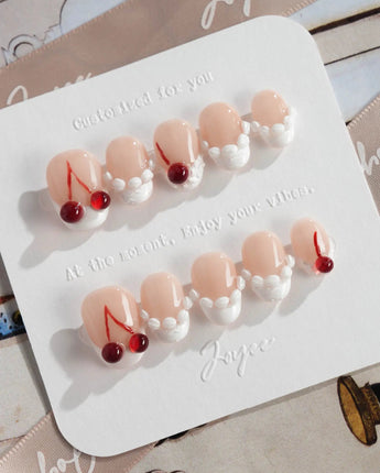 Birthday Cake press-on nails in extra short oval shape — Vintage Cherry Cream, 3D Embossed Textures & Jelly Cherries.