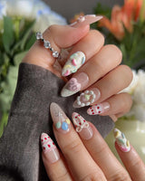Birthday Party press-on nails — Dreamy Candy Style, 3D Bows & Strawberry Cream Cake. handmade nail art by Joyee Nails