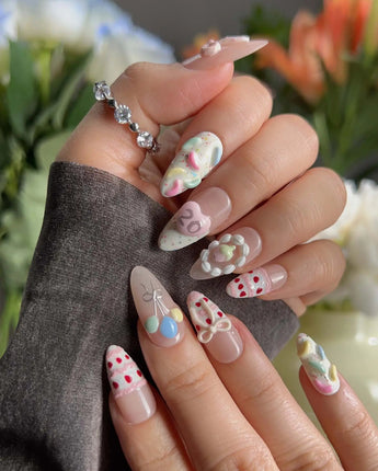 Birthday Party press-on nails — Dreamy Candy Style, 3D Bows & Strawberry Cream Cake. handmade nail art by Joyee Nails