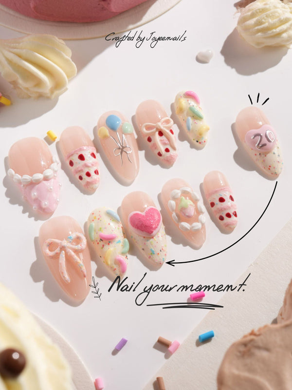 Birthday Party handmade press-on nails featuring Dreamy Candy Style, 3D Bows & Strawberry Cream Cake.