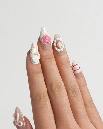 Birthday Party press-on nails in medium almond shape — Dreamy Candy Style, 3D Bows & Strawberry Cream Cake.