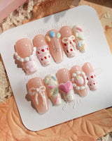 Birthday Party press-on nails in medium coffin shape — Dreamy Candy Style, 3D Bows & Strawberry Cream Cake.