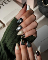 Black Lacquer press on nails with real gold foil in deep amber red and glossy black, gold studs and fine gold pinstripes on cream - image 5