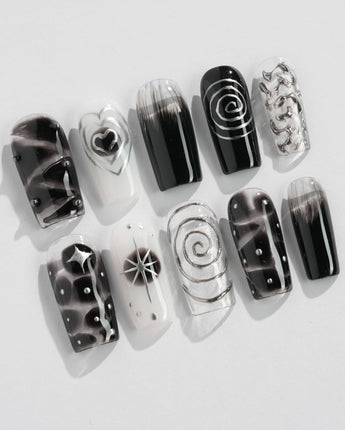 Black & Silver Void press-on nails in medium square shape — black aura swirl abstract nails