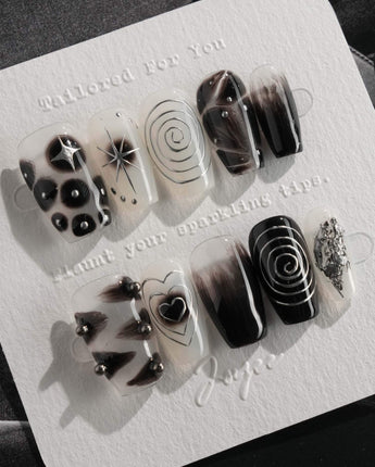 Black & Silver Void press-on nails in short coffin shape — black aura swirl abstract nails