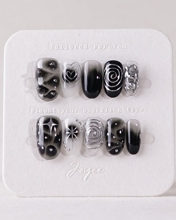 Black & Silver Void press-on nails in short oval shape — black aura swirl abstract nails