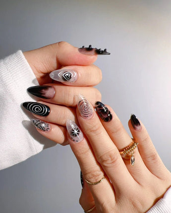 Black & Silver Void press-on nails — black aura swirl abstract nails handmade nail art by Joyee Nails