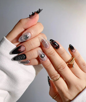 Black & Silver Void press-on nail set — black aura swirl abstract nails design, hand-painted with real gel polish