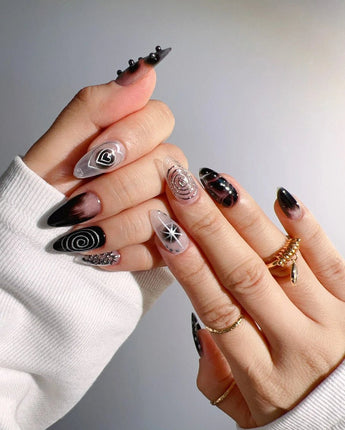 Black & Silver Void press-on nail set — black aura swirl abstract nails design, hand-painted with real gel polish