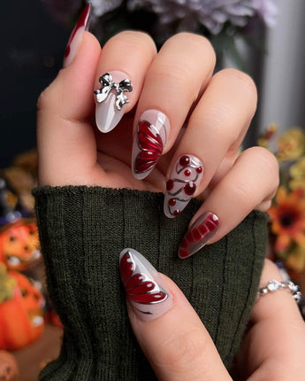 Silver Butterfly press-on nails in short almond shape — Silver & Red Gothic, 3D Bows & Blood Drops.