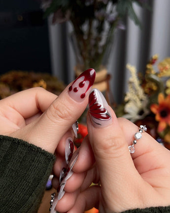 Silver Butterfly press-on nails in short almond shape — Silver & Red Gothic, 3D Bows & Blood Drops.