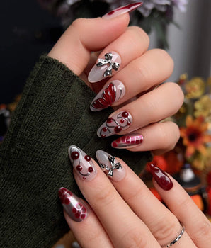Silver Butterfly press-on nail set — Silver & Red Gothic, 3D Bows & Blood Drops. design, hand-painted with real gel polish