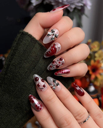 Silver Butterfly press-on nail set — Silver & Red Gothic, 3D Bows & Blood Drops. design, hand-painted with real gel polish